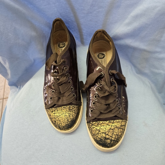 LANVIN PARIS Leather Patent Sneakers Brown/Gold Crackel EU 38/US 7 - Picture 5 of 16